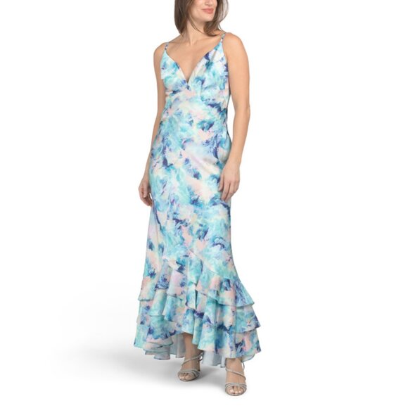 LIV FOSTER Blue Multi Printed Satin Gown